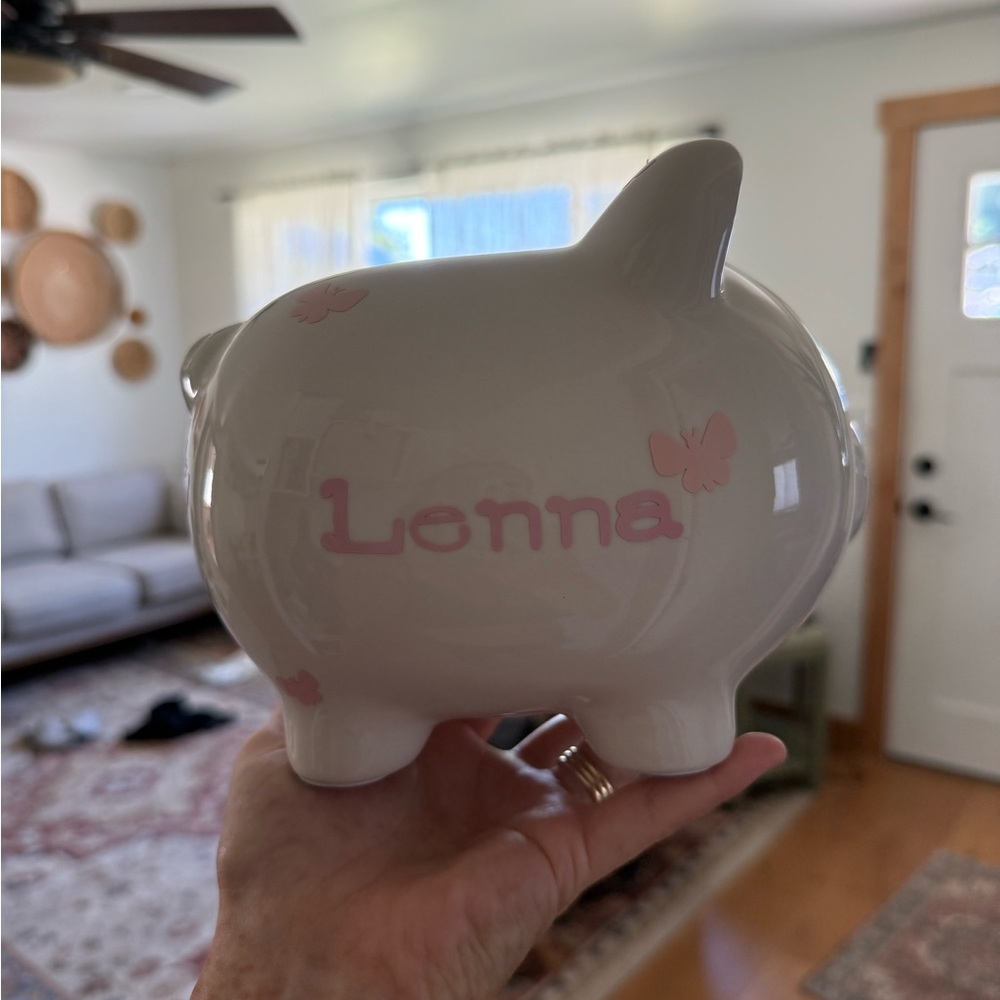 Personalized White Ceramic Piggy Bank with Pink Lettering Custom Name Butterfly
